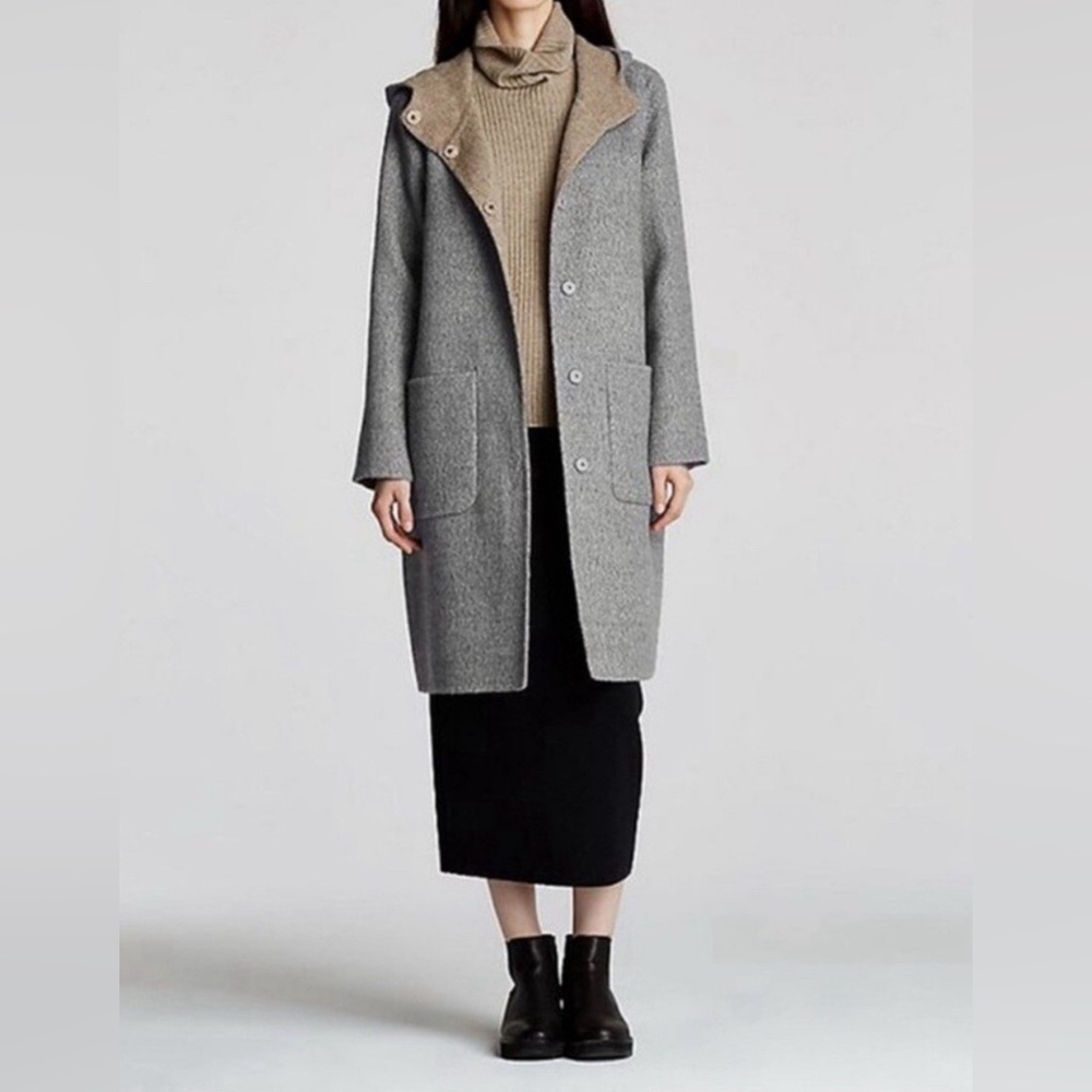 EILEEN FISHER Double Face Alpaca Gray Hooded Women's Coat XXS (Could fit XS)